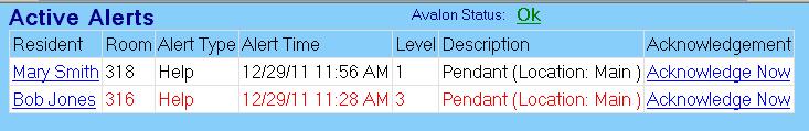 Avalon Software Monitoring Screen for wireless Nurse call